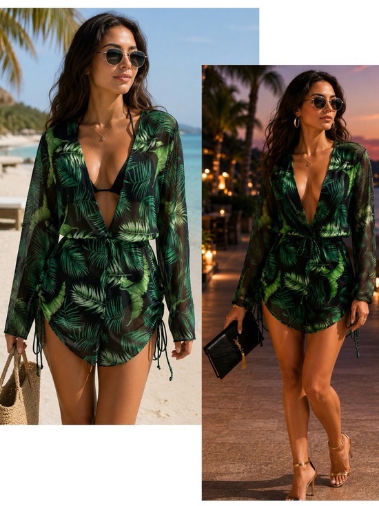 SHEIN Other - Tropical Palm Leaf Sheer deep plunge Romper Cover-Up Long Sleeve Black Green M